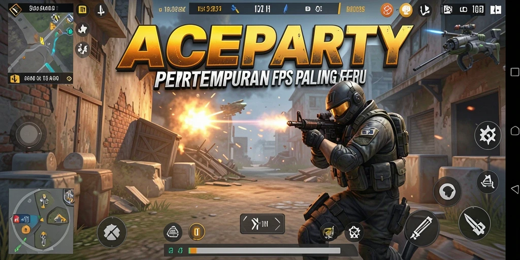 Screenshot gameplay utama ACEPARTY menampilkan aksi seru pertempuran FPS.