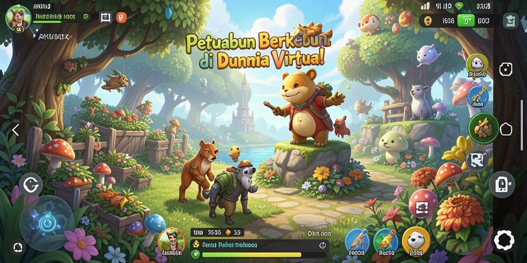 Tampilan gameplay AKUNJP menampilkan kebun yang subur dan beragam tanaman.