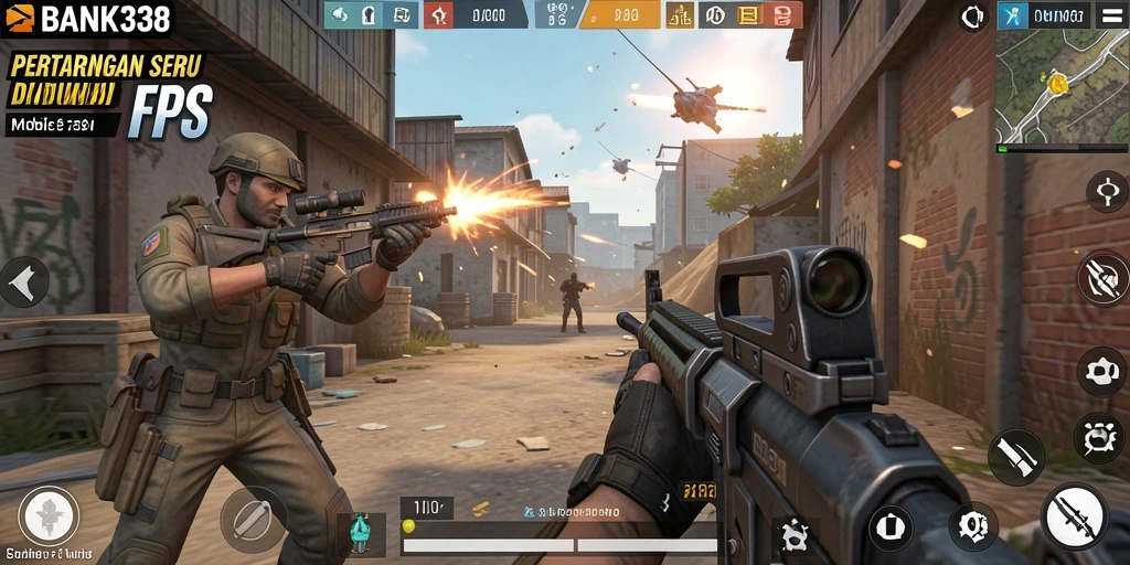 Tampilan gameplay menegangkan dalam BANK338 dengan aksi FPS yang mendebarkan.