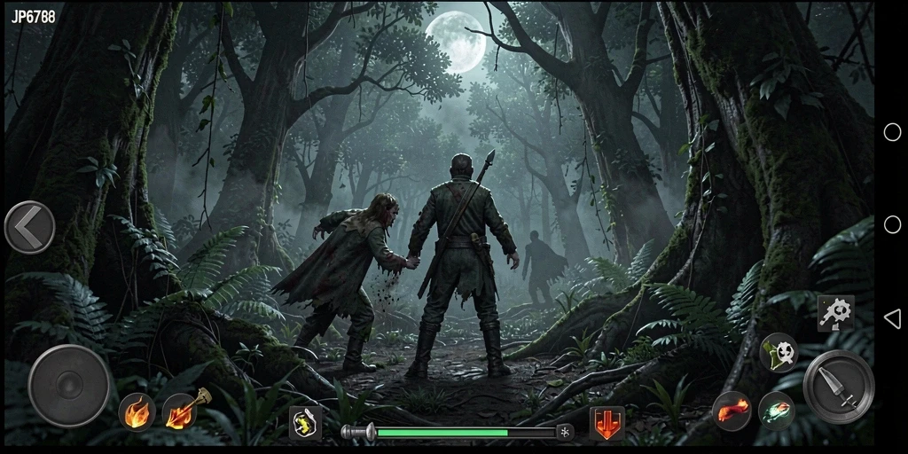 Screenshot gameplay menampilkan suasana mencekam dalam hutan gelap.