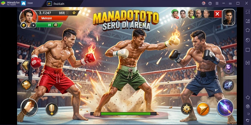 Tampilan gameplay MANADOTOTO dengan pertarungan yang intens dan karakter unik.