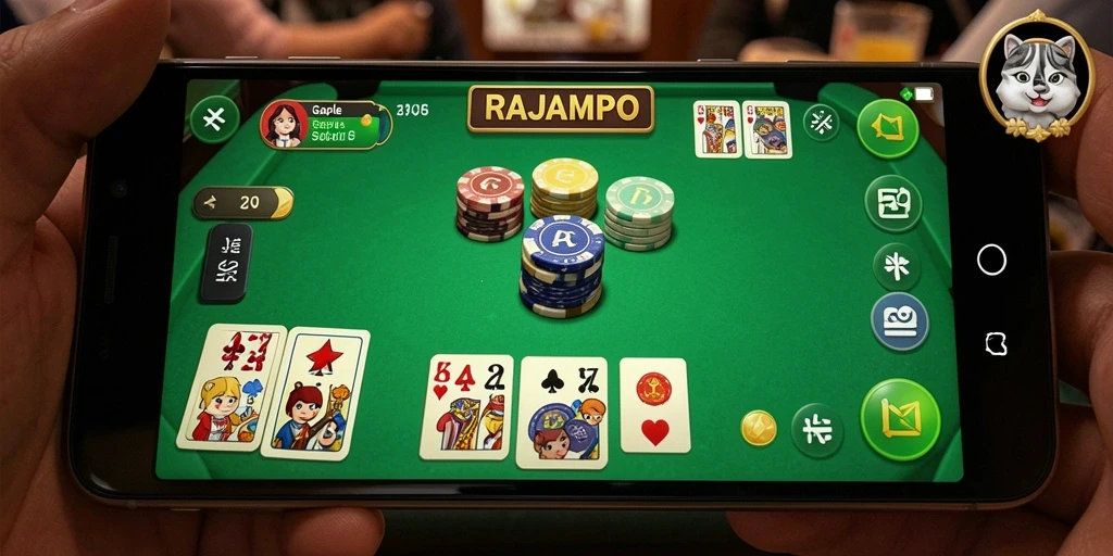 Menampilkan gameplay seru dari RAJAMPO dalam permainan Gaple.