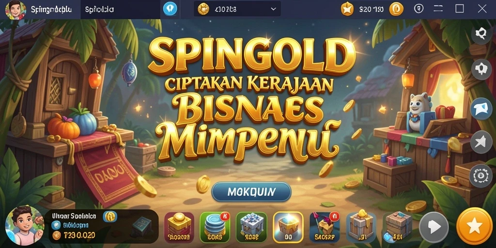 Tampilan gameplay SPINGOLD dengan bangunan bisnis yang menarik.
